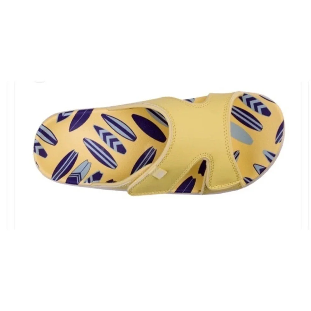 Spenco Kholo Beach Slide Sandals Yellow Surfboard Print Womens Size 6 Wide New
